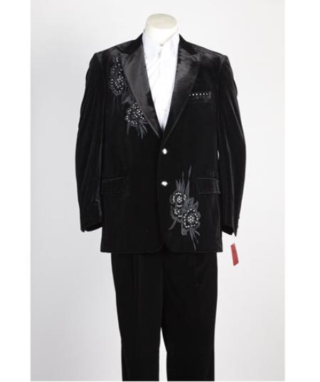 Men's 2 Button Black Velvet Suit Jacket, with floral pattern, Satin Peak Lapel, and Black Dress Pants