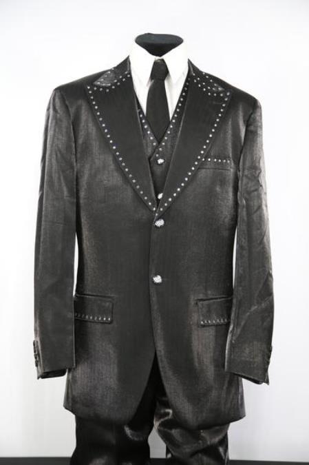 Men's Rhinestone  Peak Lapel Black Zoot Suit