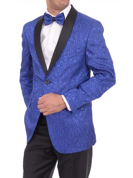 Men's Satin Shawl Lapel Blue 2 Button Floral Slim Fit Blazer Sportcoat Paisley Royal Blue Tuxedo