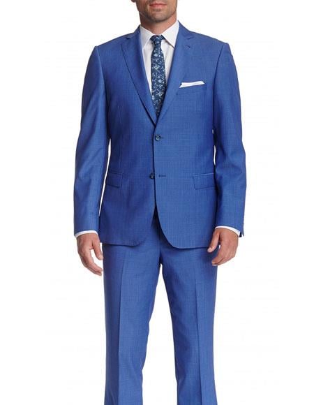 Men's 2 Button Wool Slim Fit With Pick Stitching Suit Blue
