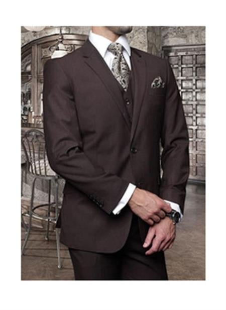 Statement Confidence Men's Brown 3 Piece 2 Button Italian Designer Fine Brands Best Italian Style Cut Suits