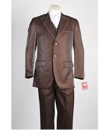 Men's 2 Button Vested Shiny Brown Fashion Peak Lapel Suit with Studded trim Men's Sharkskin Suit