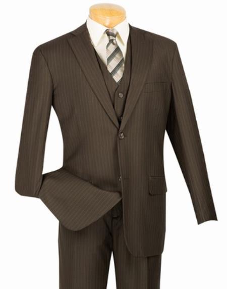 Men's Brown 2 Button with Vest and Classic Pinstripe Suit