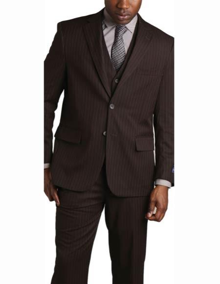 Men's 2 Button Brown Vested Banker Pinstripe ~ Stripe 3 Piece Suit