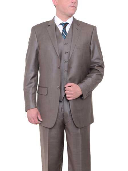 Men's Taupe Brown 2 Button Textured Classic Fit Side Vents Vested Suit