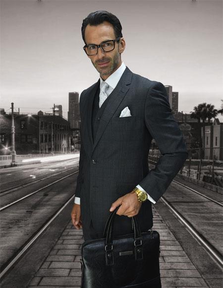 Men's Statement Suits Clothing Confidence Plaid Charcoal Fine Brands Best Italian Style Cut Suits