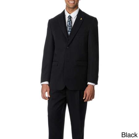 Men's Black Notch collar Two Button Three Piece Pleated Pants 