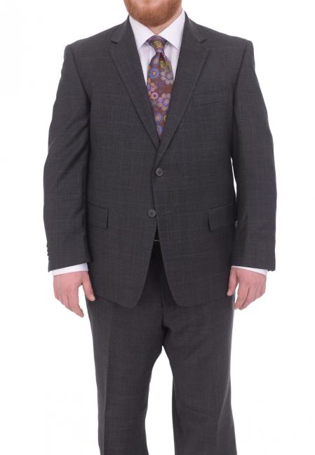 Mix and Match Suits Men's Two Button Fully Lined Portly Fit Gray Plaid With Blue Overcheck Suit Executive Fit Suit - Mens Portly Suit