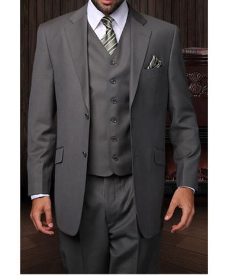 Statement Confidence 2 Button 3 Piece Vested Designer Charcoal Grey Fine Brands Best Italian Style Cut Suits - Color: Dark Grey Suit