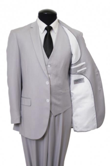 Men's Two Button Three Piece Vested Suit Pinstripe Slim Fitted Light Grey Silver Mini Stripe ~ Pinstripe ( ASH Gray )