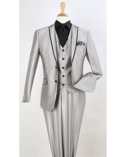 Men's Two Toned And Fashion Light Gray Trim Lapel Wedding / Prom / Homecoming Tuxedo Vested 3 Pieces 