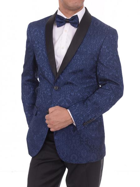 Men's Navy Blue 2 Button Satin Shawl Lapel Floral Slim Fit Blazer Sportcoat