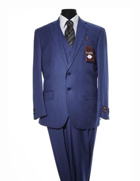 Men's Pinstripe Design  2 Button Dark Navy Blue Suit For Men With Matching Vest