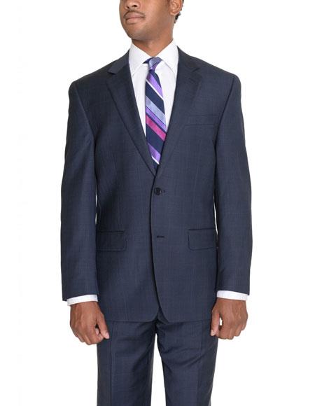 Men's Dark Navy Blue Suit For Men Glen Plaid 2 Button Wool  Classic Fit Suit Flat Front Pants