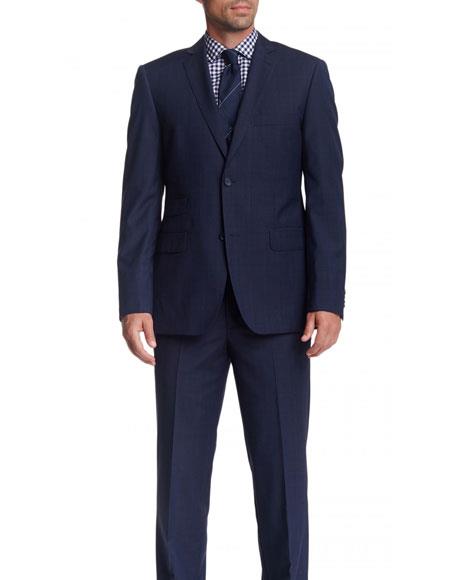 Men's 2 Button Wool Modern Fit Suits Dark Navy Blue Suit For Men Plaid Suit