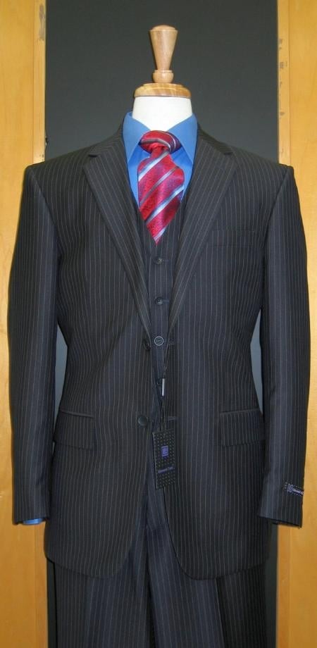Two Button Navy Pinstripe Flat Front three piece suit 