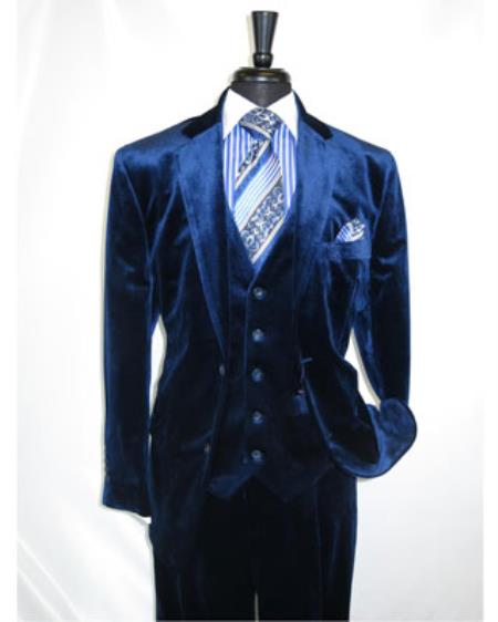 Men's Dark Navy 2 Button Velvet Fabric 3 Piece Vested Side Vent Suit with Pleated Pants NO VEST Pre order to ship Jan/15/2020