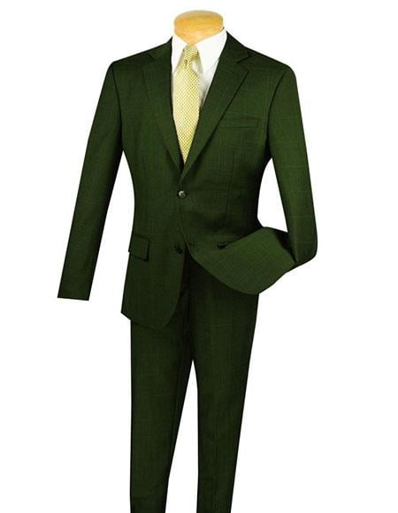 Olive Fortini 2 Button Window Pane ~ Plaid Slim Fit Suit Side Vented