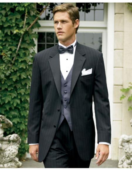 Men's Black Stripe ~ Pinstripe Tuxedo 2 button Suit Sateen lapel