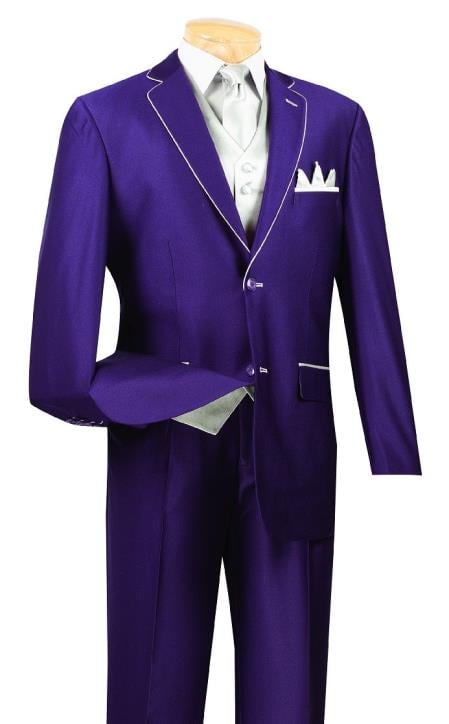 Men's Purple And White Trim Lapel Tuxedo Suit Vested 3 Piece Two Toned 