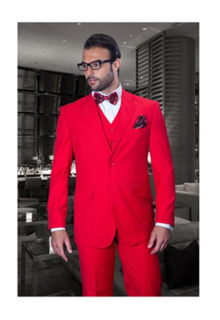 Men's Solid Red 2 Button Vested Suit $175