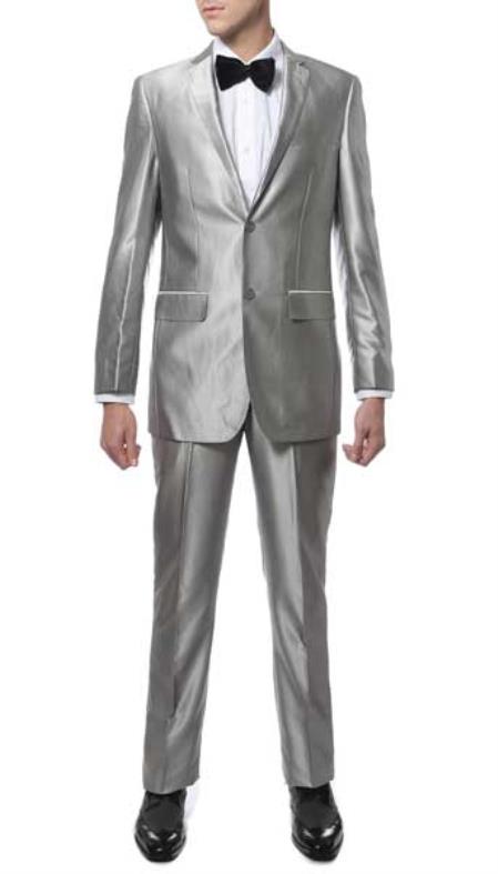 Mens Silver Suit Mens Two Button  Closure Silve Sharkskin Slim Fitted Suit