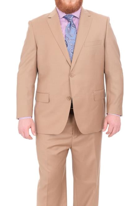 Mix and Match Suits Men's Super 140's Wool Two Button Portly Solid Tan Suit Executive Fit Suit - Mens Portly Suit