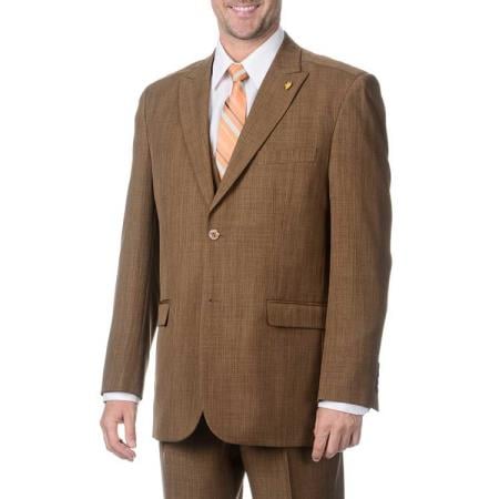 Men's Two Button Peak Lapel Lapeled Vested Three Piece Pleated Pants Light Brown ~ Coffee ~ Toast Suit