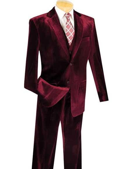 Men's Wine Two Button Velvet Suit Vested Suits