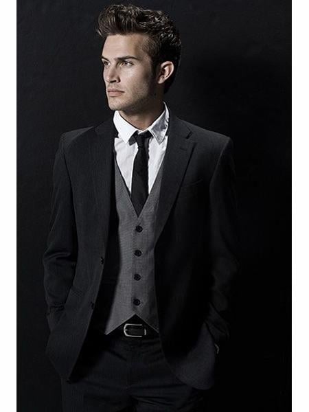 Black Suit Gray Vest 2 Button Wool Black suit with Grey vest 3PC 3 Pieces Vested suit 