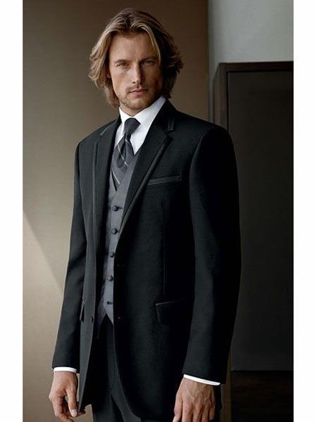 Black Suit Gray Vest 2 Button Black suit with Grey vest 3PC 3 Pieces Vested suit