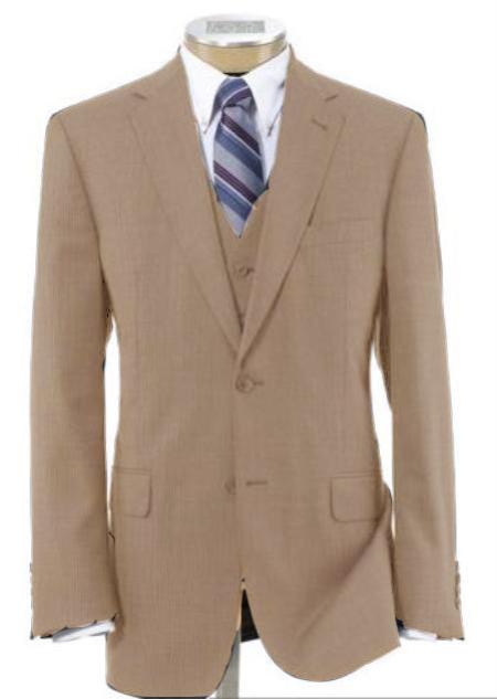 Men's 2 Button Wool Vested Beige Suit with Pleated Trousers 
