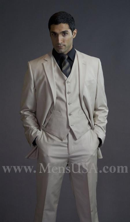 2 Button 3 Piece Beige Color Flat Front affordable suit online sale - Three Piece Suit