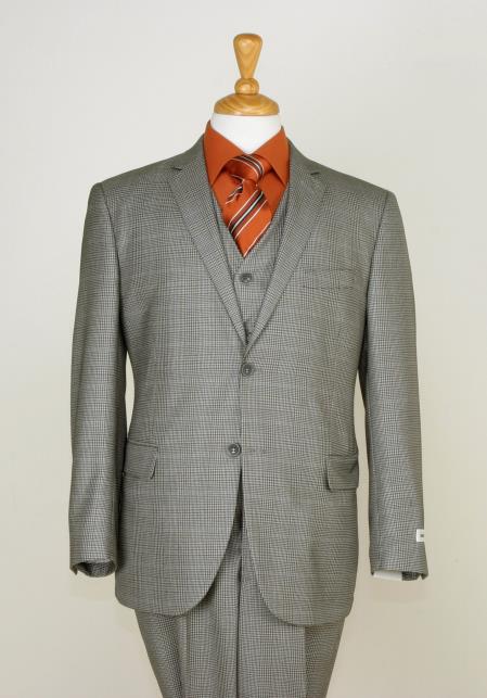 Mens Three Piece Suit - Vested Suit Mens Beige Checkered Fabric  3 Piece Slim Cut Suit 