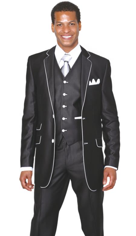 Men's 2 Button 3 Piece  Church Suit Black White Trim Lapel Slim Fitted Ticket Pocket Suit - Three Piece Suit