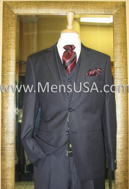 2 Button 3 Piece Black Pinstripe Fitted Suit 