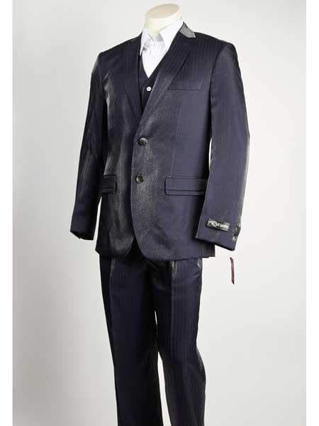 Men's 2 Button Vested Shiny Closure Black Pinstripe Suit