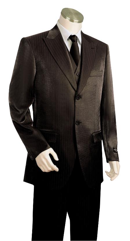 Men's 2 Button  Black Shiny Flashy Sharkskin Peak Lapel Vested 3 Piece - Three Piece Suit