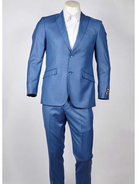 Men's 2 Button Blue Peak Lapel Slim Fit  Suit