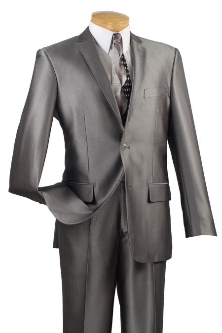 Men's 2 Button Slim Fit Shiny Flashy Satin Silky Metallic Suits Gray  Men's Sharkskin Suit
