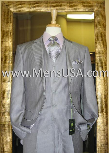 2 Button 3 Piece Grey Pinstripe Fitted Suit 