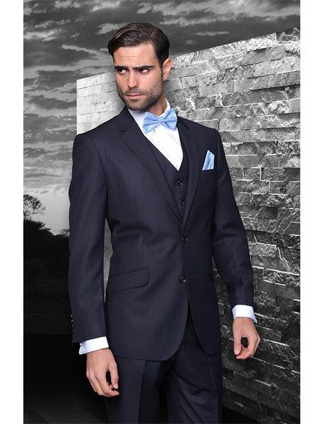 Wool Classic 3pc 2 Button Dark Navy Blue Suit For Men Stripe ~ Pinstripe Suit Super 150's Extra Fine Italian Fabric 