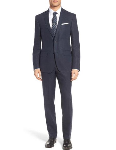 Style#-B6362 Men's Navy 100% Linen Designer Fashion Dress Casual Blazer- Dark Blue Suit Color
