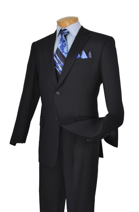 2TR Classic Fit - Executive Cut Poly-rayon Executive Pure Solid Dark Navy Suit Notch Collar Pleated Pants 