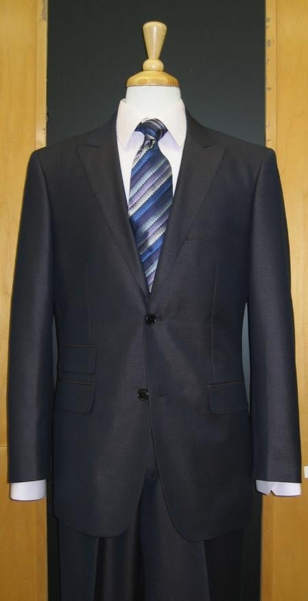 2 Button Peak Lapel Dark Navy Erodesent Flat Front Suit - Wool