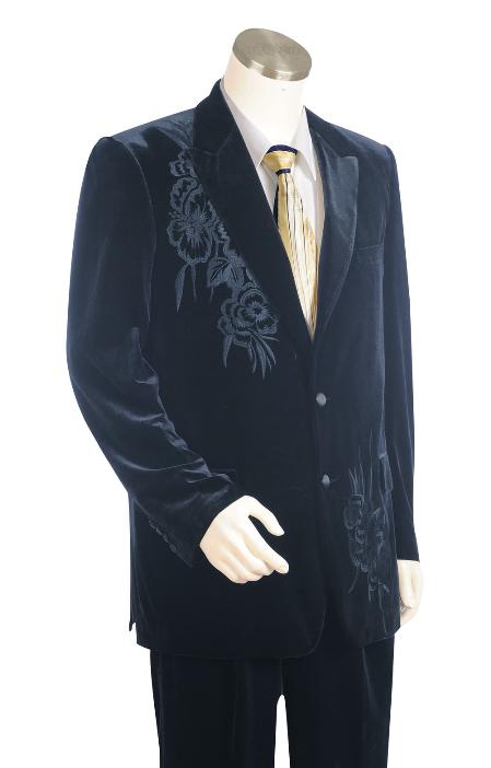 Men's Stylish 2 Button Dark Navy Velvet Suit Velour Suit Pleated Pants Peak Lapel - Wool