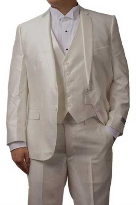 Men's 3 Piece Shiny Off White Sharkskin Dress Slim Fit Vested Suit 
