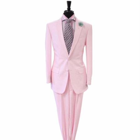 Men's Pink Suit White Stripe ~ Pinstripe Seersucker Sear sucker 2 Button Suit 