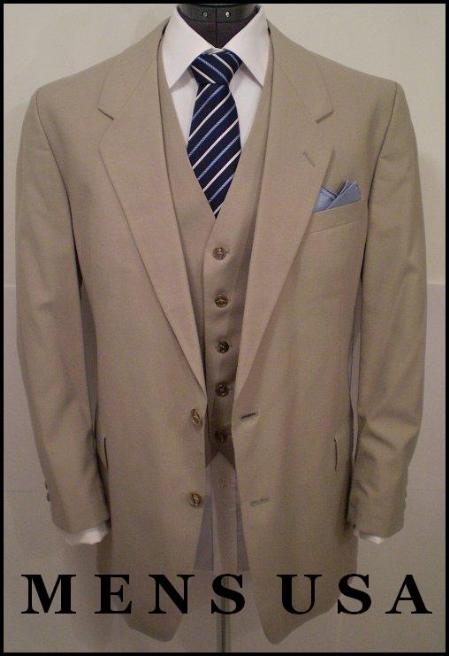 High Quality 2 Button Solid Tan ~ Beige Vested Suits 100% Rayon Men's Suits On Sale