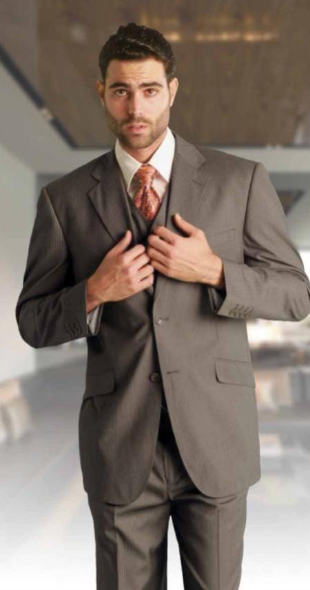 Mens Three Piece Suit - Vested Suit Mens Taupe Super 150s Extra Fine Fabric Suit 
